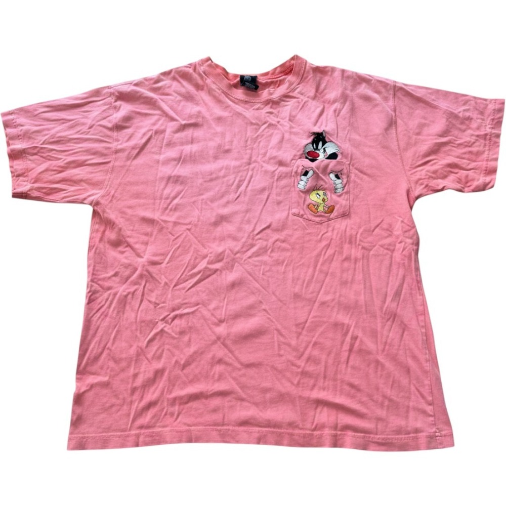Vintage Warner Bros Studio Store Sylvester Tweety Pocket T Shirt Pink L 90s